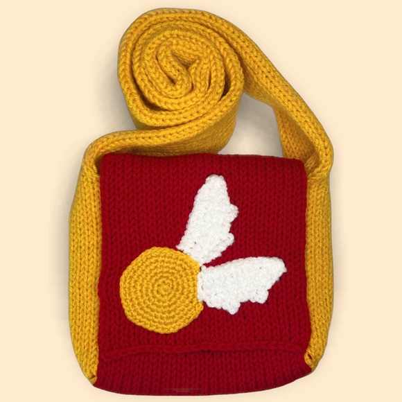 Hand Crafted Handbags - Handmade Knit Crossbody Golden Snitch Messenger Bag Harry Potter Fabric Lined